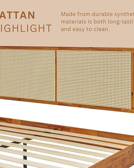 Bme Oliver King Bed Frame and Headboard - 15-Inch Signature Design with Rattan Headboard, Bohemian and Mid Century Style, 12-Slat Wood Support, No Box Spring Needed - Easy Assembly, Caramel - LeafyLoom