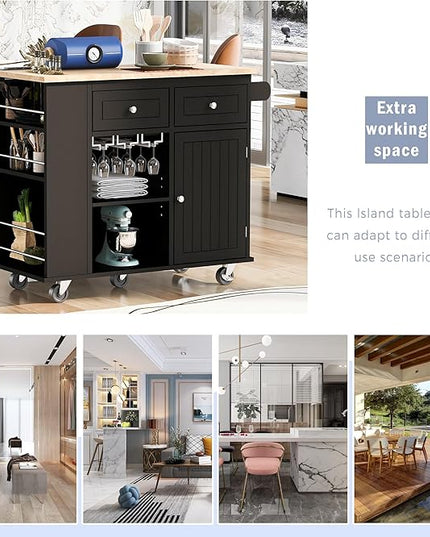 Kitchen Island with Power Outlet,Drop Leaf and Rubber Wood,Open Storage & Wine Rack,Storage Cart with 5 casters,w/Adjustable Storage for Home, Kitchen, and Dining Room, Black - LeafyLoom