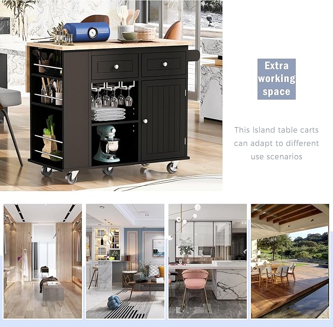 Kitchen Island with Power Outlet,Drop Leaf and Rubber Wood,Open Storage & Wine Rack,Storage Cart with 5 casters,w/Adjustable Storage for Home, Kitchen, and Dining Room, Black - LeafyLoom