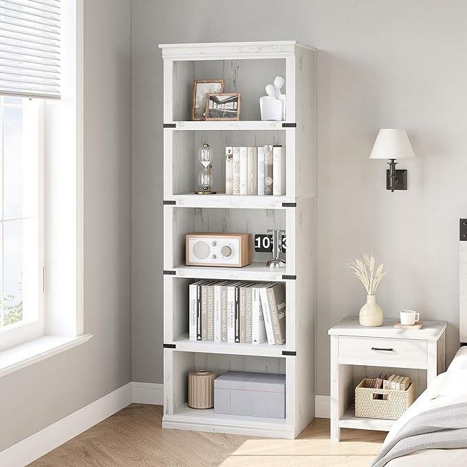 GAOMON 5 Tier Bookcase, Farmhouse Book Shelf with Storage, 67.4 Inch Tall Open Display Bookshelves, Wooden 5 Shelf Bookcase for Living Room, Bedroom-White - LeafyLoom