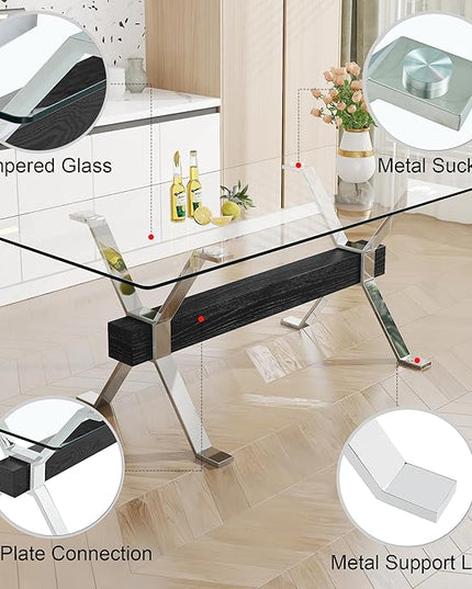NicBex Dining Table Modern Tempered Glass Dining Table Large Modern Office Desk with Silver Plated Metal Legs and MDF Crossbars, Suitable for Both Home and Office Use, Silver + Black - LeafyLoom