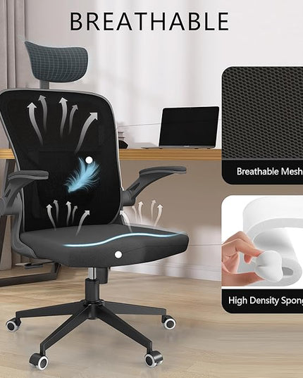 Black Office Chair, Ergonomic Office Chair, Home Office Desk Chair for Big and Tall People, Computer Chair with Adjustable Headrest, Lumbar Support, Flip-Up Arms, PU Wheels - LeafyLoom