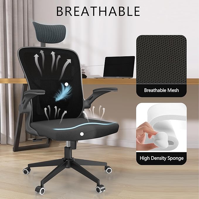 Black Office Chair, Ergonomic Office Chair, Home Office Desk Chair for Big and Tall People, Computer Chair with Adjustable Headrest, Lumbar Support, Flip-Up Arms, PU Wheels - LeafyLoom