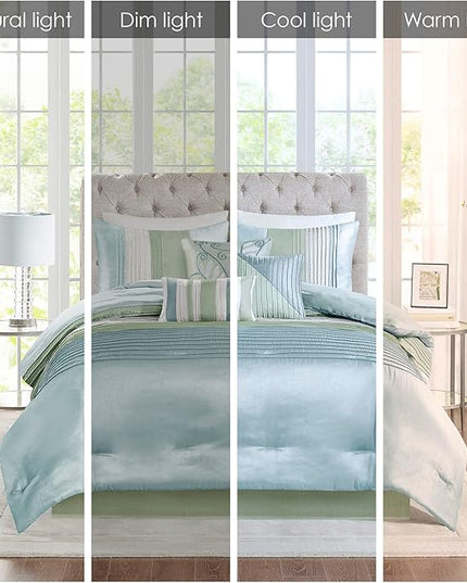 Madison Park Amherst Faux Silk Comforter Set-Casual Contemporary Design All Season Down Alternative Bedding, Matching Shams, Bedskirt, Decorative Pillows, Cal King(104"x92"), Green, 7 Piece (MP10-848) - LeafyLoom