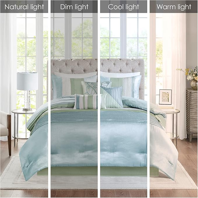 Madison Park Amherst Faux Silk Comforter Set-Casual Contemporary Design All Season Down Alternative Bedding, Matching Shams, Bedskirt, Decorative Pillows, Cal King(104"x92"), Green, 7 Piece (MP10-848) - LeafyLoom