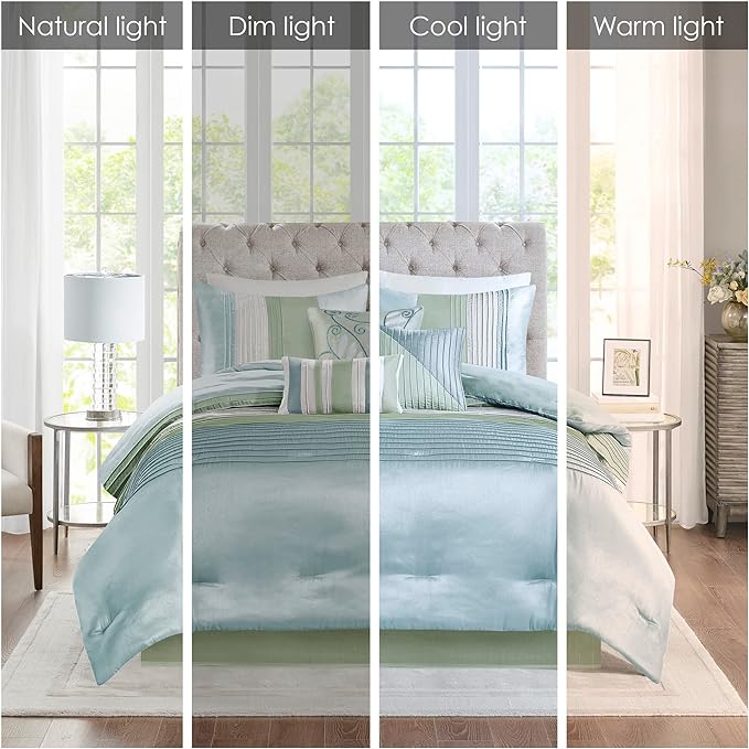 Madison Park Amherst Faux Silk Comforter Set-Casual Contemporary Design All Season Down Alternative Bedding, Matching Shams, Bedskirt, Decorative Pillows, King(104"x92"), Green, 7 Piece (MP10-847) - LeafyLoom