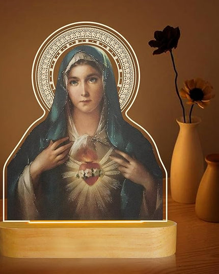 Virgin Mary Gifts for Women, Immaculate Heart of Mother Mary Pictures, Heart of Mary Catholic Gifts Night Light for Home Decor, Christian Religious Blessed Baptize Gifts for Mum Grandma Lady - LeafyLoom