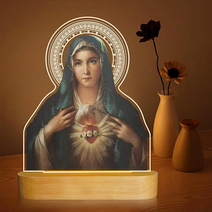 Virgin Mary Gifts for Women, Immaculate Heart of Mother Mary Pictures, Heart of Mary Catholic Gifts Night Light for Home Decor, Christian Religious Blessed Baptize Gifts for Mum Grandma Lady - LeafyLoom