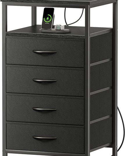 Night Stand with Charging Station, 4 Drawer Dresser for Bedroom, Bedside Table, 33.9 Inch Tall Nightstand with Open Shelf, End Table, for Closet, Entryway, Bedroom, Black - LeafyLoom