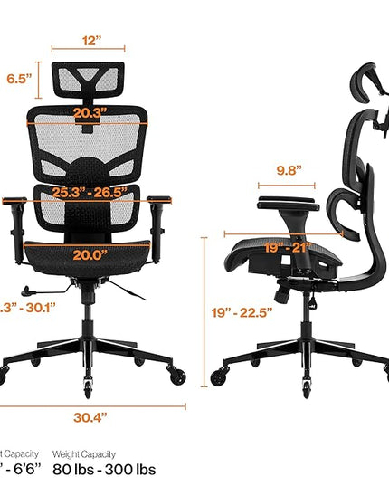 WELLNEW Prestige Ergonomic Office Chair - Height Adjustable Backrest Lumbar Support, Seat Depth Adjust, 3D Headrest, 4D Armrests, Blade Wheels, Mesh Computer Gaming Chairs Executive Swivel Chair - LeafyLoom