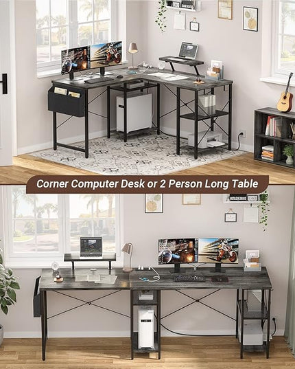 Aheaplus L Shaped Desk with Outlet and USB Charging Ports, L-Shaped Desk with Storage Shelves Reversible Corner Computer Desk 2 Person Long Table with Monitor Stand Gaming Home Office Desk, Oak - LeafyLoom