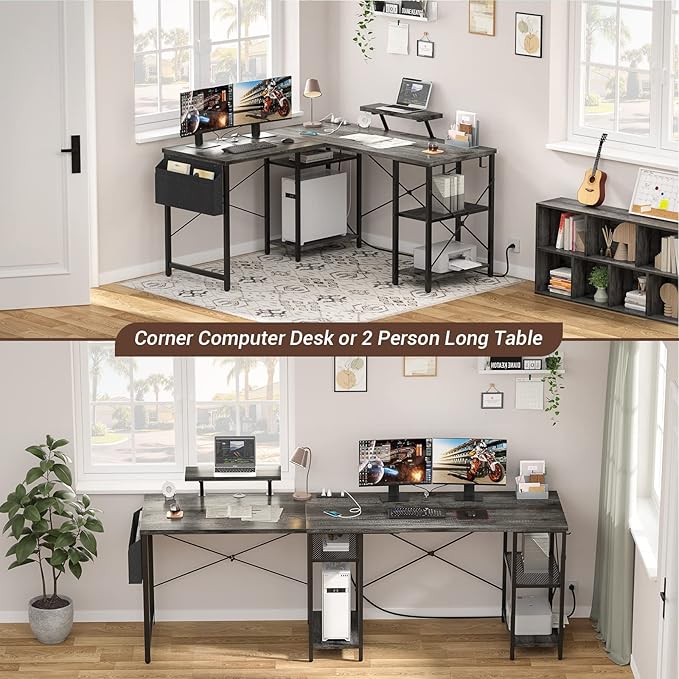 Aheaplus L Shaped Desk with Outlet and USB Charging Ports, L-Shaped Desk with Storage Shelves Reversible Corner Computer Desk 2 Person Long Table with Monitor Stand Gaming Home Office Desk, Oak - LeafyLoom