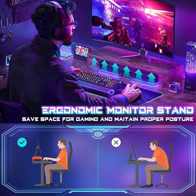Homieasy Small Gaming Desk with Power Outlets Pegboard LED Light, 43 Inch L Shaped Computer Desk with Monitor Stand Storage Shelves, Reversible Corner Desk with Headset Hooks, Rustic Brown - LeafyLoom