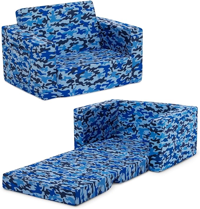 Delta Children Cozee Blue Camo Convertible Foam Chair to Lounger for Kids - LeafyLoom