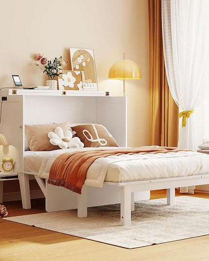 Murphy Bed Full Size with USB Port and Removable Shelves on Each Side, Wooden Platform Bedframe Foldable into Wall Cabinet, Space Saving, for Bedroom Guest Room Office, White - LeafyLoom