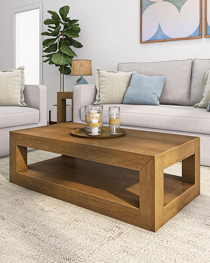 Plank+Beam Modern Rectangular Coffee Table with Shelf, Solid Wood, 48 Inch, Center Table with Storage, 2 Tier Tea Table for Living Room, Pecan Wirebrush - LeafyLoom
