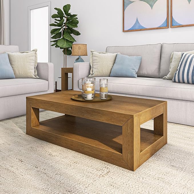 Plank+Beam Modern Rectangular Coffee Table with Shelf, Solid Wood, 48 Inch, Center Table with Storage, 2 Tier Tea Table for Living Room, Pecan Wirebrush - LeafyLoom