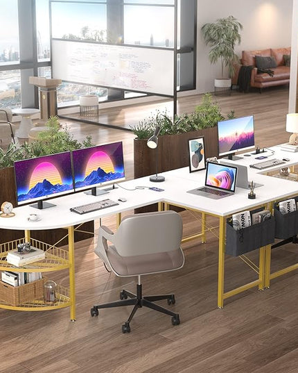 Unikito L Shaped Desk with Power Outlet, 98.4" Reversible Corner Computer Table with Storage Shelves and Bag, Modern 2 Person Large Long Desk for Home Office Writing Study Workstation, White - LeafyLoom