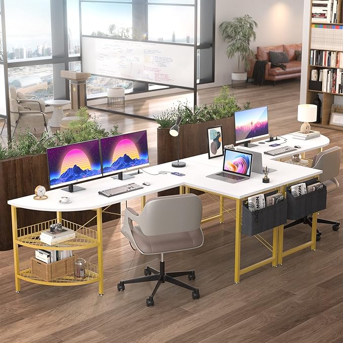 Unikito L Shaped Desk with Power Outlet, 98.4" Reversible Corner Computer Table with Storage Shelves and Bag, Modern 2 Person Large Long Desk for Home Office Writing Study Workstation, White - LeafyLoom