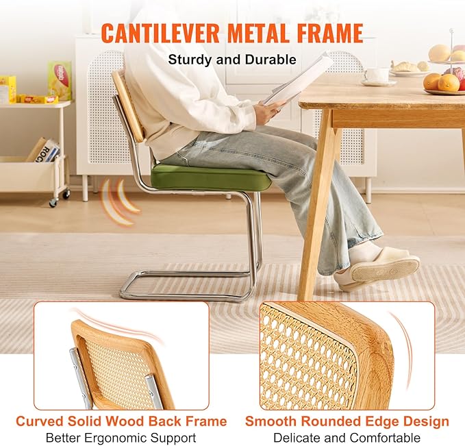 VEVOR Rattan Dining Chairs Set of 2, Mid Century Modern Dining Chair, Upholstered Velvet Accent Chair with Rattan Back, Retro Dining Room Kitchen Chair for Living Room, Bedroom, Office (18.1 Inch) - LeafyLoom