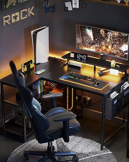 ODK 40 Inch Gaming Desk with USB Power Outlets and LED Lights, Reversible L Shaped Computer Desk with Storage Shelves & Monitor Stand, Corner Home Office Desk Table, Carbon Fiber Surface, Black - LeafyLoom