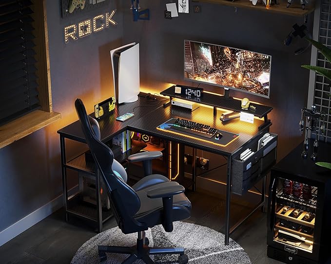 ODK 40 Inch Gaming Desk with USB Power Outlets and LED Lights, Reversible L Shaped Computer Desk with Storage Shelves & Monitor Stand, Corner Home Office Desk Table, Carbon Fiber Surface, Black - LeafyLoom
