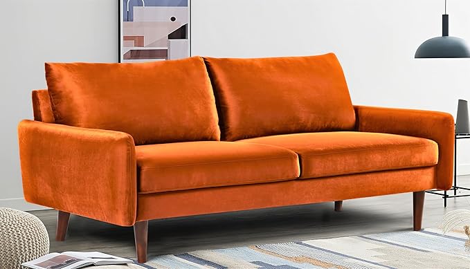 US Pride Furniture Kent Modern Velvet Sofa, Comfortable 3 Seater Couch for Living Rooms and Small Spaces, Ideal Studio Apartment Furniture with Sleek Design, Orange - LeafyLoom