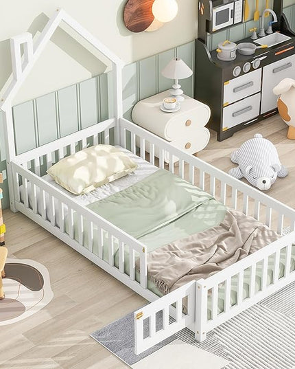 Twin Size Kids Montessori Floor Bed,House-Shaped Headboard Floor Bed for Kids,Floor Bed with Fence and Door,House Bed Twin Frame for Girls,Boys(Twin,White) - LeafyLoom