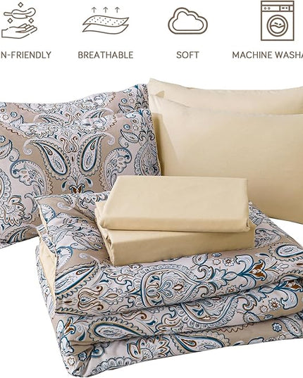 Yiran 7 Pieces Paisley Bedding Set Comforter Set Brown Boho Floral Bed in a Bag Microfiber Comforter Queen Size 90"×90"(1 Comforter,2 Pillowcases,2 Pillow Shams,1 Flat Sheet,1 Fitted Sheet) - LeafyLoom
