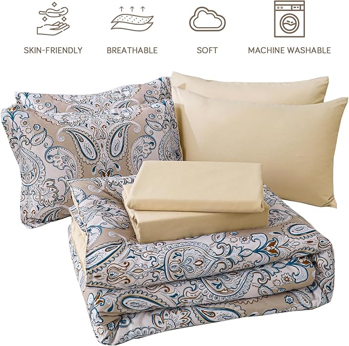 Yiran 7 Pieces Paisley Bedding Set Comforter Set Brown Boho Floral Bed in a Bag Microfiber Comforter Queen Size 90"×90"(1 Comforter,2 Pillowcases,2 Pillow Shams,1 Flat Sheet,1 Fitted Sheet) - LeafyLoom