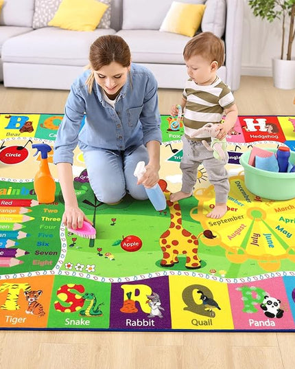 Chicrug Educational Kid Area Rug for Playroom, 5x7 Feet TPR Non Slip Kids Classroom Carpet Rug for Learning ABC Animal, Shape Color Fruit, Washable Play Mat Rug for Children Nursery Toddler Room Decor - LeafyLoom