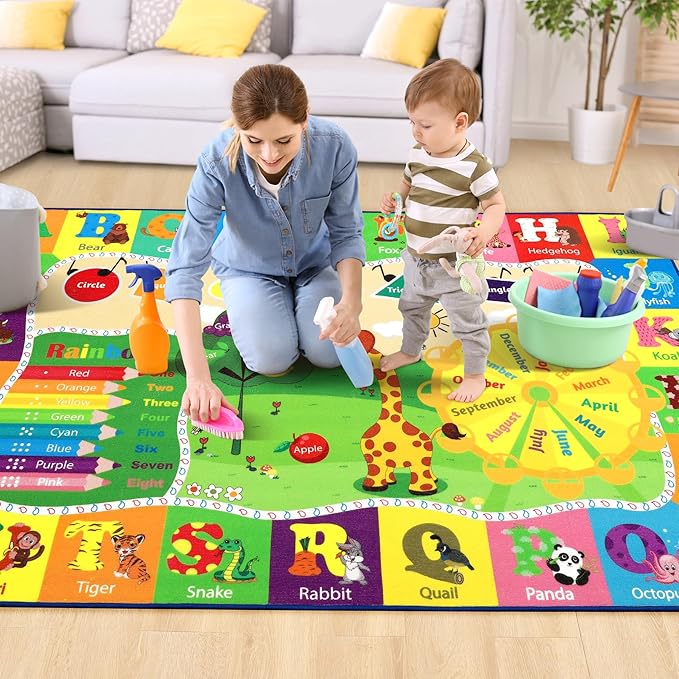 Chicrug Educational Kid Area Rug for Playroom, 5x7 Feet TPR Non Slip Kids Classroom Carpet Rug for Learning ABC Animal, Shape Color Fruit, Washable Play Mat Rug for Children Nursery Toddler Room Decor - LeafyLoom