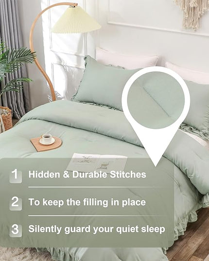 Sage Green Double Ruffle Comforter Set King Size (104x90 Inch), 3 Pcs Farmhouse Vintage Comforter Set (1 Ruffled Comforter and 2 Pillowcase), Rustic All Season Down Alternative Bedding Set - LeafyLoom