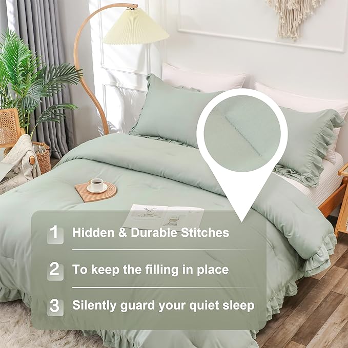 Sage Green Double Ruffle Comforter Set King Size (104x90 Inch), 3 Pcs Farmhouse Vintage Comforter Set (1 Ruffled Comforter and 2 Pillowcase), Rustic All Season Down Alternative Bedding Set - LeafyLoom