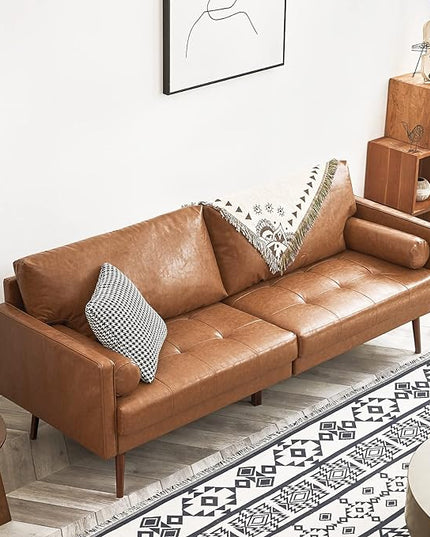 Vonanda Faux Leather Sofa Couch, Mid-Century 73 Inch 3 Seater Leather Couch with Hand-Stitched Comfort Cushion and Bolster Pillows for Living Room,Elegant Cognac Tan - LeafyLoom