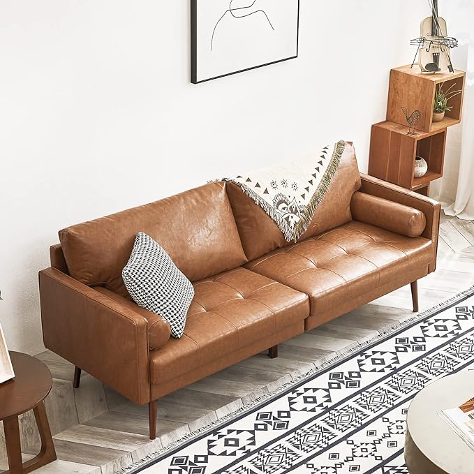 Vonanda Faux Leather Sofa Couch, Mid-Century 73 Inch 3 Seater Leather Couch with Hand-Stitched Comfort Cushion and Bolster Pillows for Living Room,Elegant Cognac Tan - LeafyLoom
