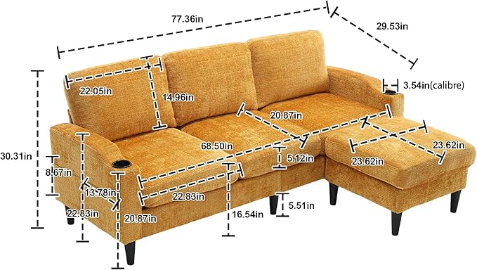 77.36" Modern Chenelle Polyester Sectional Sofa,L-Shaped Couch with Storage Ottoman,3 Seat Interior Furniture W/Pockets and Both Armrests Contain Cup Holders,for Dorm,Apartment,Yellow - LeafyLoom