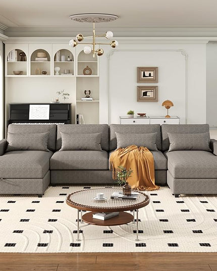 128.3" Modern Large U-Shaped Sectional Sofa with 2 Storage Chaise and 4 Lumbar Pillows, Oversized Reversible Upholstered Couch for Living Room, Apartment, Office, Gray, 128.3 Inch - LeafyLoom