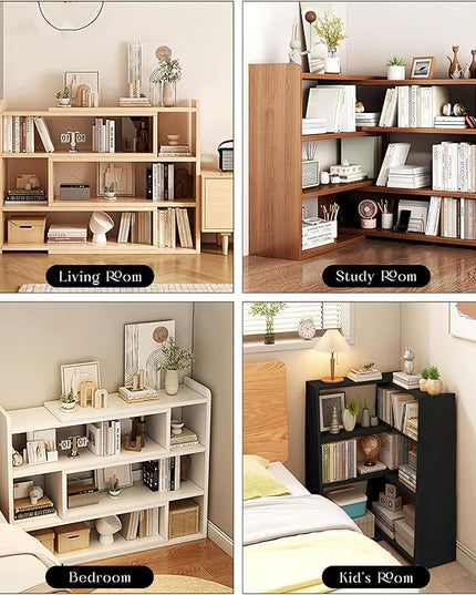 4-Tier Wooden Bookshelf, Expandable 25-47 inch Wide Bookcase, Modern Freestanding Bookcas for Small Space or Corner (Black) - LeafyLoom