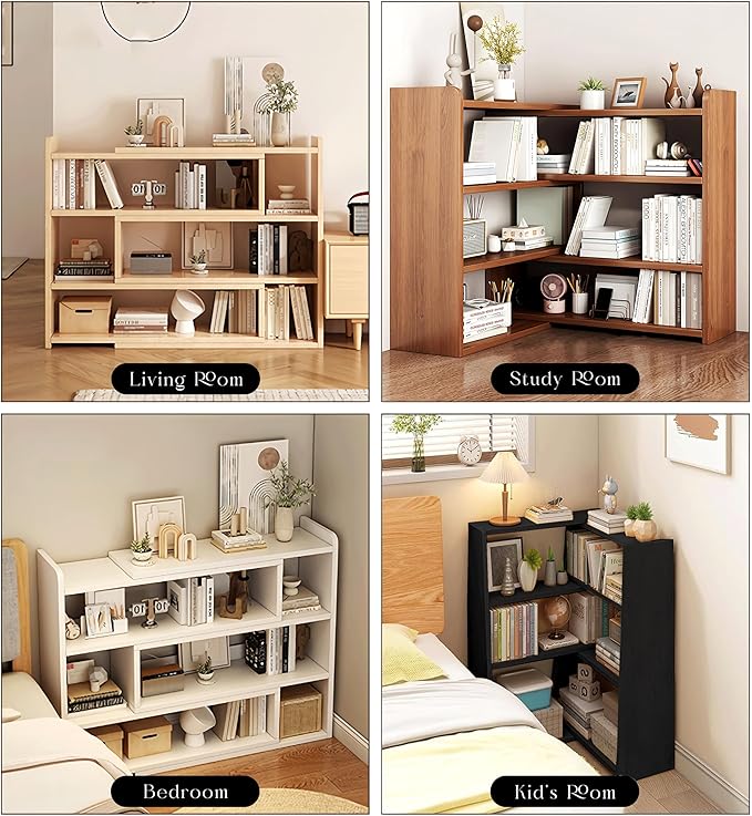 4-Tier Wooden Bookshelf, Expandable 25-47 inch Wide Bookcase, Modern Freestanding Bookcas for Small Space or Corner (Black) - LeafyLoom
