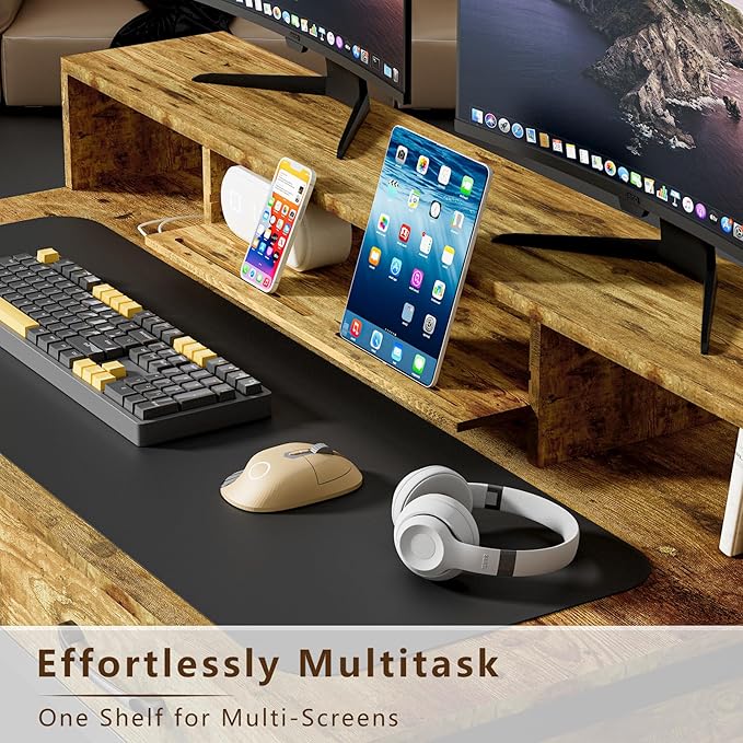 Computer Desk with Drawers, 47" Home Office Desk with Monitor Shelf, Writing Desk with Storage, Gaming Desk Work Desk Study Desk for Bedroom, Rustic Brown - LeafyLoom