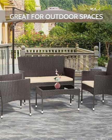 FDW Patio Furniture Set 4 Pieces Outdoor Rattan Chair Wicker Sofa Garden Conversation Bistro Sets for Yard (Brown) - LeafyLoom