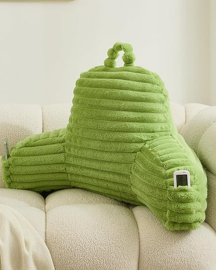 WERDIM Reading Pillow for Sitting in Bed, Faux Fur Back Pillow for Bed Rest, Bed Chair Pillow with Arms and Pockets(Large, Apple Green) - LeafyLoom