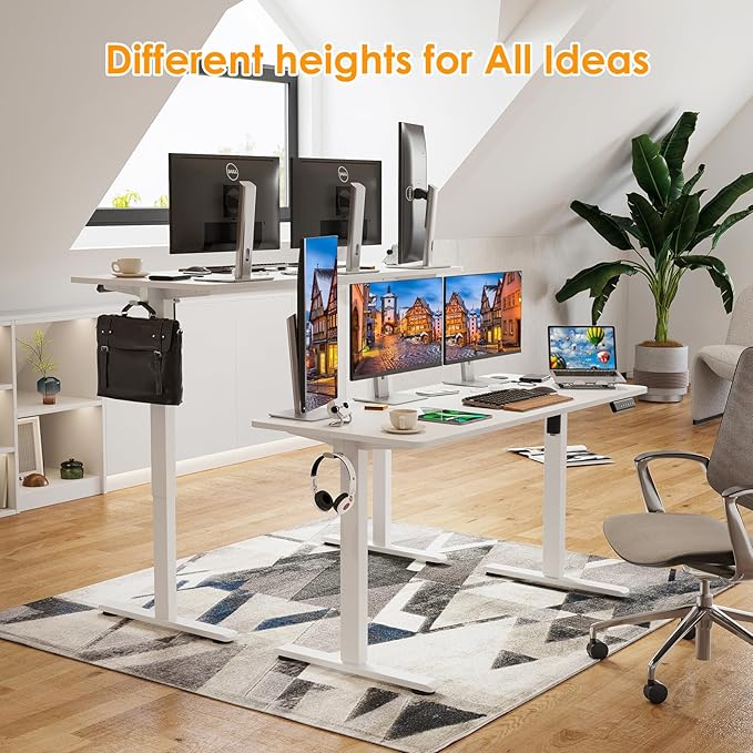 STARY Electric Adjustable Height Sit Stand Home Office Desk with Splice Board, 55x24, White Desktop/White Frame - LeafyLoom