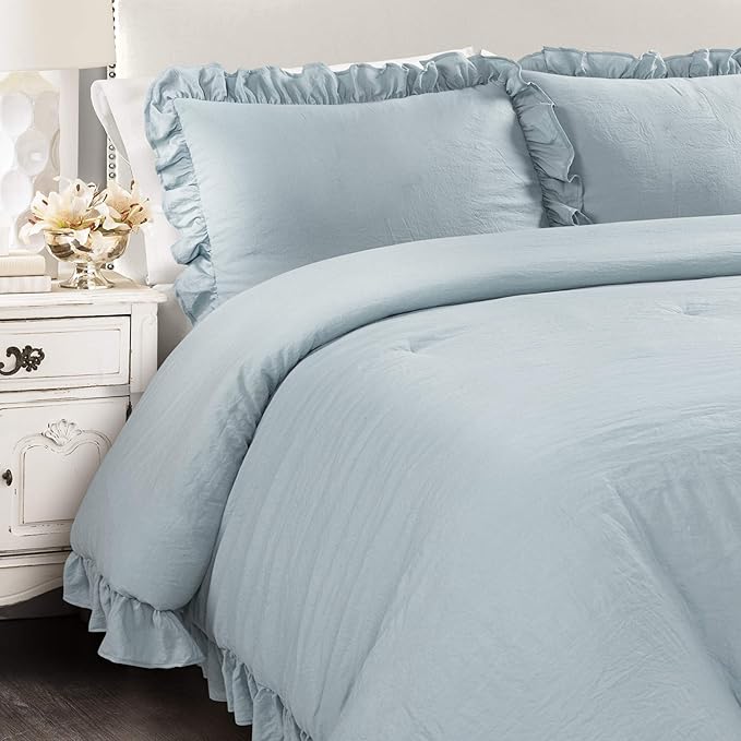 Lush Decor Reyna Ruffle Comforter Set - 3 Piece Cozy Ruffled Bedding Set - Timeless Elegance and Comfort for Bedroom - King, Lake Blue - LeafyLoom