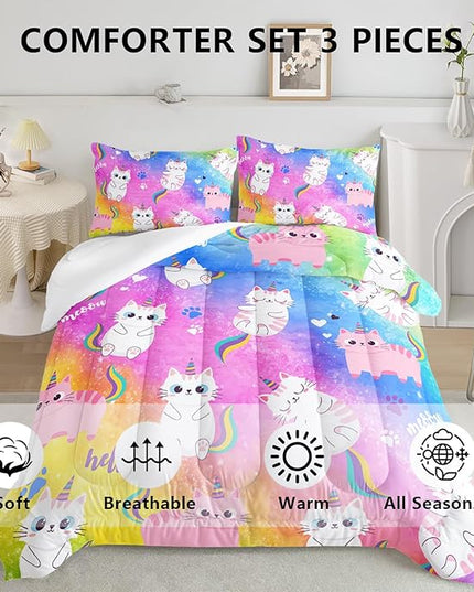 Axolotl Cat Bedding Queen Cartoon Cat Comforter Set,Rainbow Printed Kids Bedding Set for Girls Kids Adults Teens,Kids Comforter Set All Season,1 Quilt 2 Pillow Cases,Colorful Pink Blue - LeafyLoom