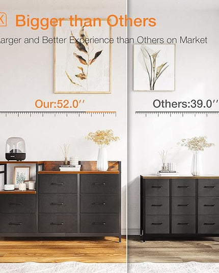 ODK Dresser with Charging Station, 52-Inch Long Dresser TV Stand for Bedroom, Large Dresser with 8 Storage Drawers, Chest of Drawers Easy-Pull Fabric Dressers for Living Room, Vintage and Black - LeafyLoom