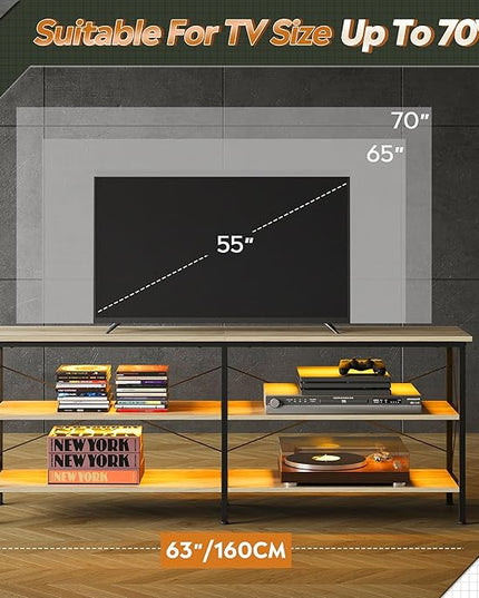 WLIVE TV Stand up to 70 Inch TV, 63" Entertainment Center with LED, TV Media Console with 3-Tier Storage Shelves for Living Room and Bedroom, Greige - LeafyLoom