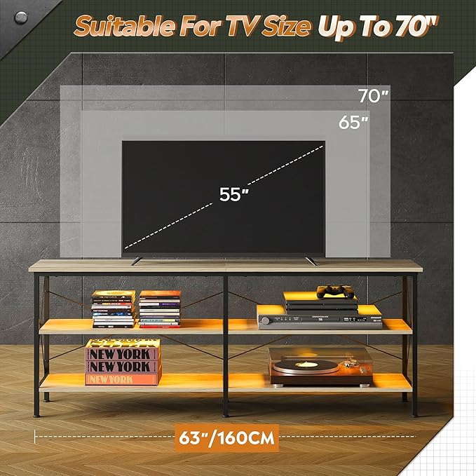 WLIVE TV Stand up to 70 Inch TV, 63" Entertainment Center with LED, TV Media Console with 3-Tier Storage Shelves for Living Room and Bedroom, Greige - LeafyLoom