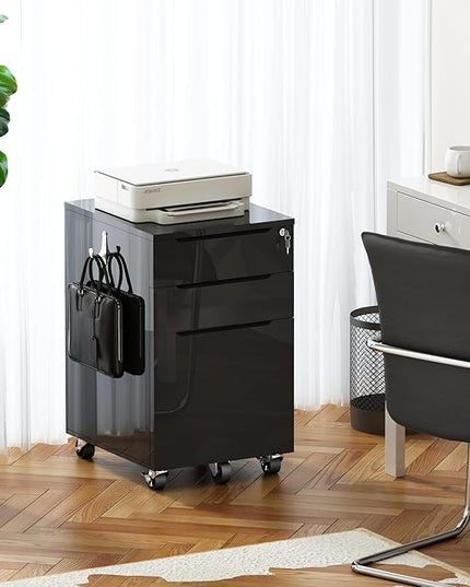 ChooChoo High Glossy File Cabinet with Lock,3 Drawer Rolling Filing Cabinet Fits Legal Size/A4/Letter, Under Desk File Cabinet with Hook for Home Office, Black - LeafyLoom